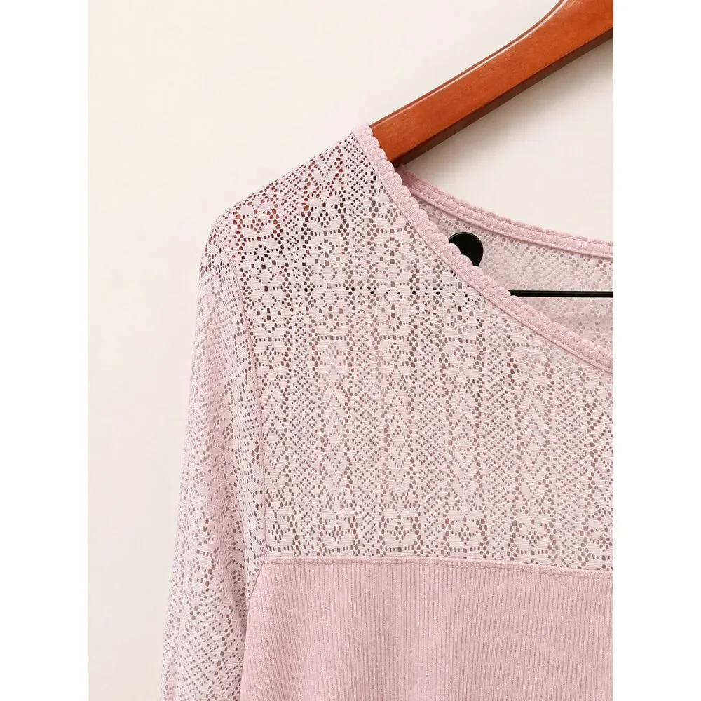 H&M Women Size M Soft Blush Pink Lace Yoke Henley Top Romantic Coquette Pullover